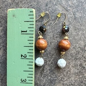 Elegant Brown wood, dark opalescent and white/lt bluish Beaded Earrings. 2”